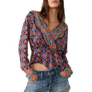 NWOT Free People Falling For You Printed Peplum Boho Top Womens Size XS